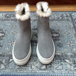 J/SLIDES NYC women’s Wally Grey waterproof suede sneaker bootie.